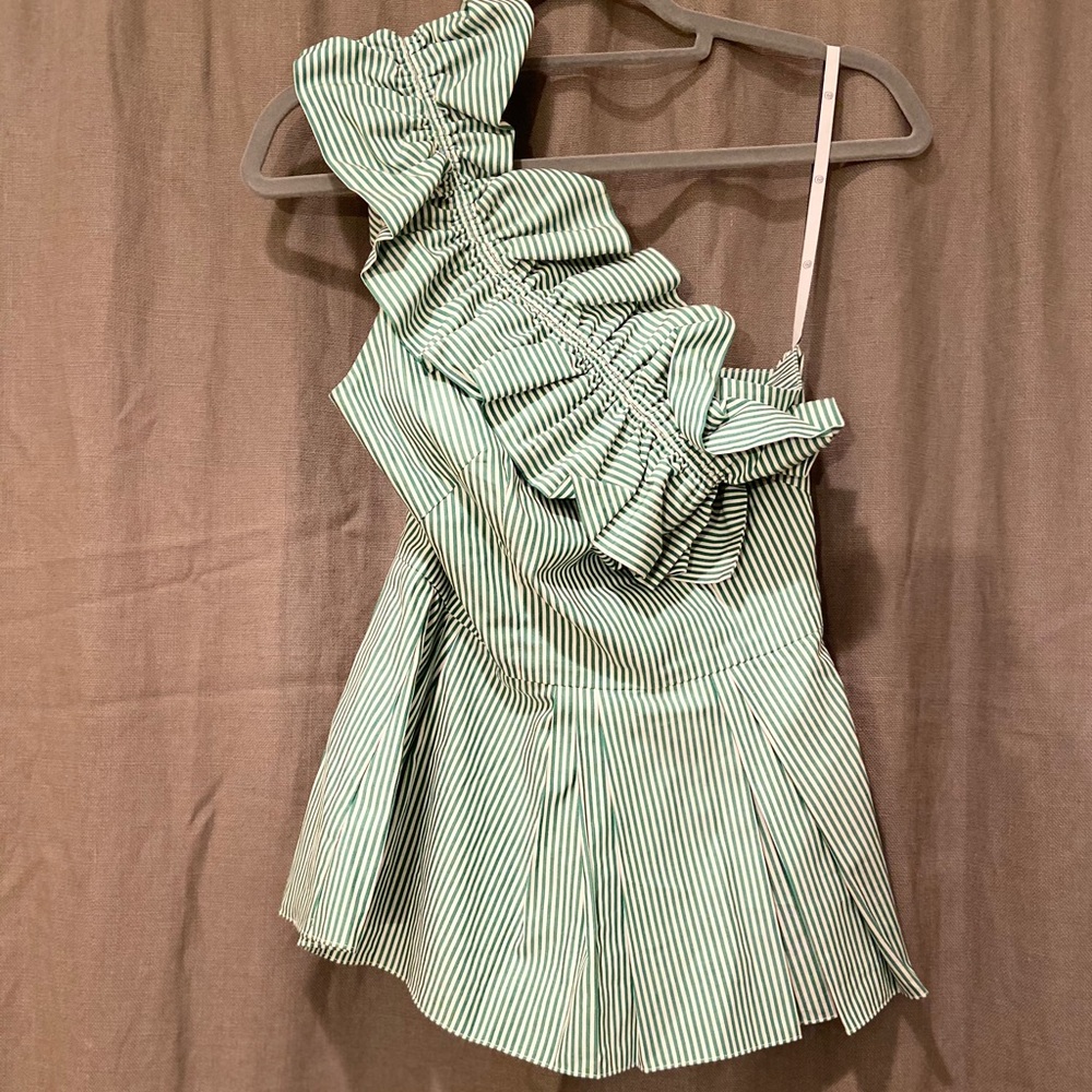 Pearl by Lela Rose Green Stripe ruffle top